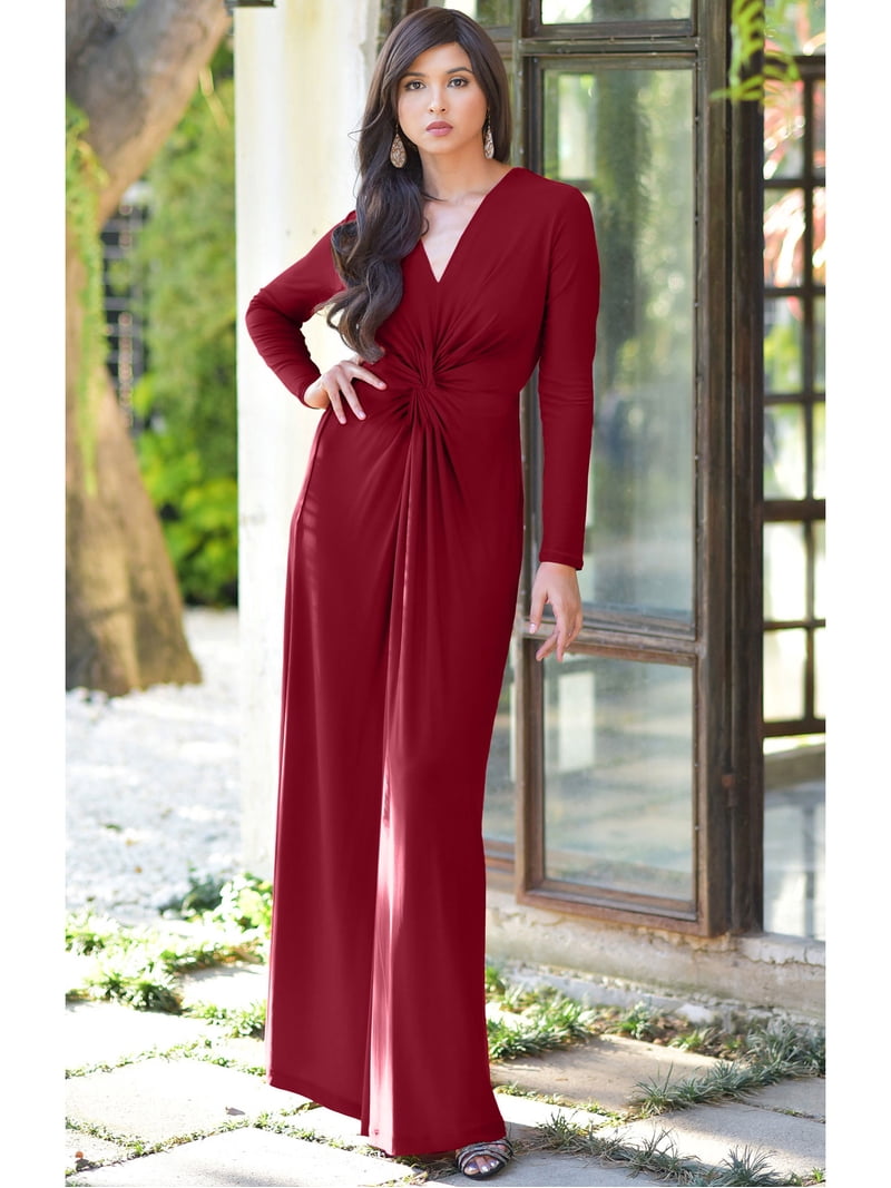 KOH KOH Long Sleeve Modest Fall Winter Evening Flowy Empire Waist Full Floor Length Cocktail Formal V-Neck Tall Maxi Dress Gown Abaya For Women Crimson Dark Red XXX-Large US 22-24 NT171 - KOH KOH Long Sleeve Modest Fall Winter Evening Flowy Empire Waist Full Floor Length Cocktail Formal V-Neck Tall Maxi Dress Gown Abaya For Women Crimson Dark Red XXX-Large US 22-24 NT171 -