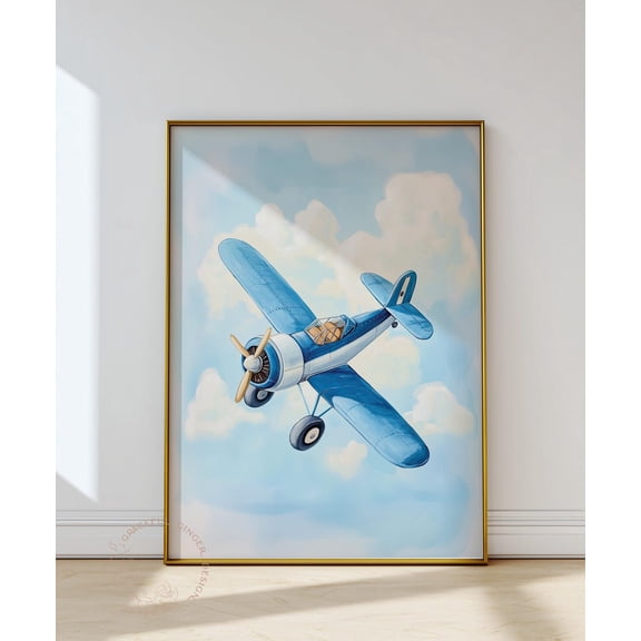 Vintage Biplane Nursery Print, Blue Airplane Wall Art Home Decor #2409, Unframed Poster Size 8x12