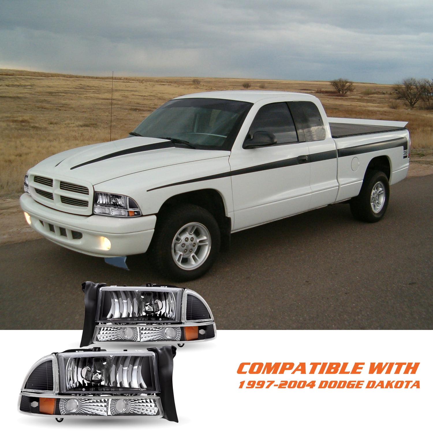 For 97-04 Dodge Dakota 98-03 Dodge Durango Black Amber Headlights Assembly LH+RH