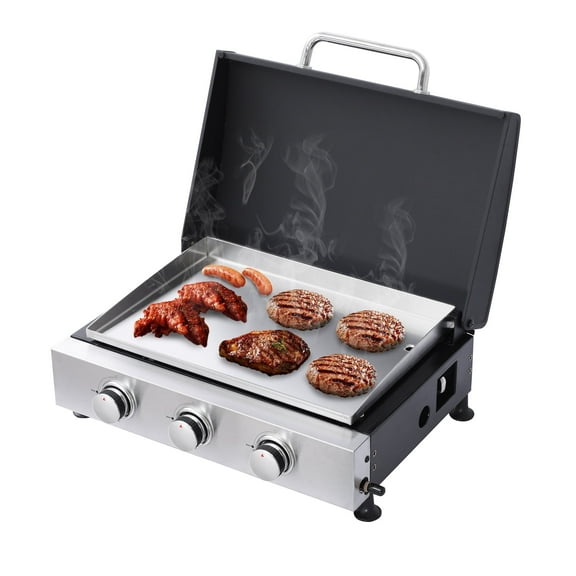 CIG GARDEN 3-Burner Flat Top Grill with Ceramic Coated Cast Iron Pan, Portable Tabletop Propane Gas Griddle  for Camping