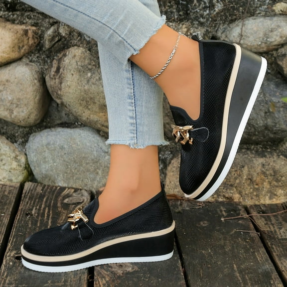 SYMOID Womens Black Slip-on Platform Loafers with Gold Metal Chain - Comfortable Pu Faux Leather Rounded Toe Casual Office Shoes for Women (Us 5.5-10.5),Size 37