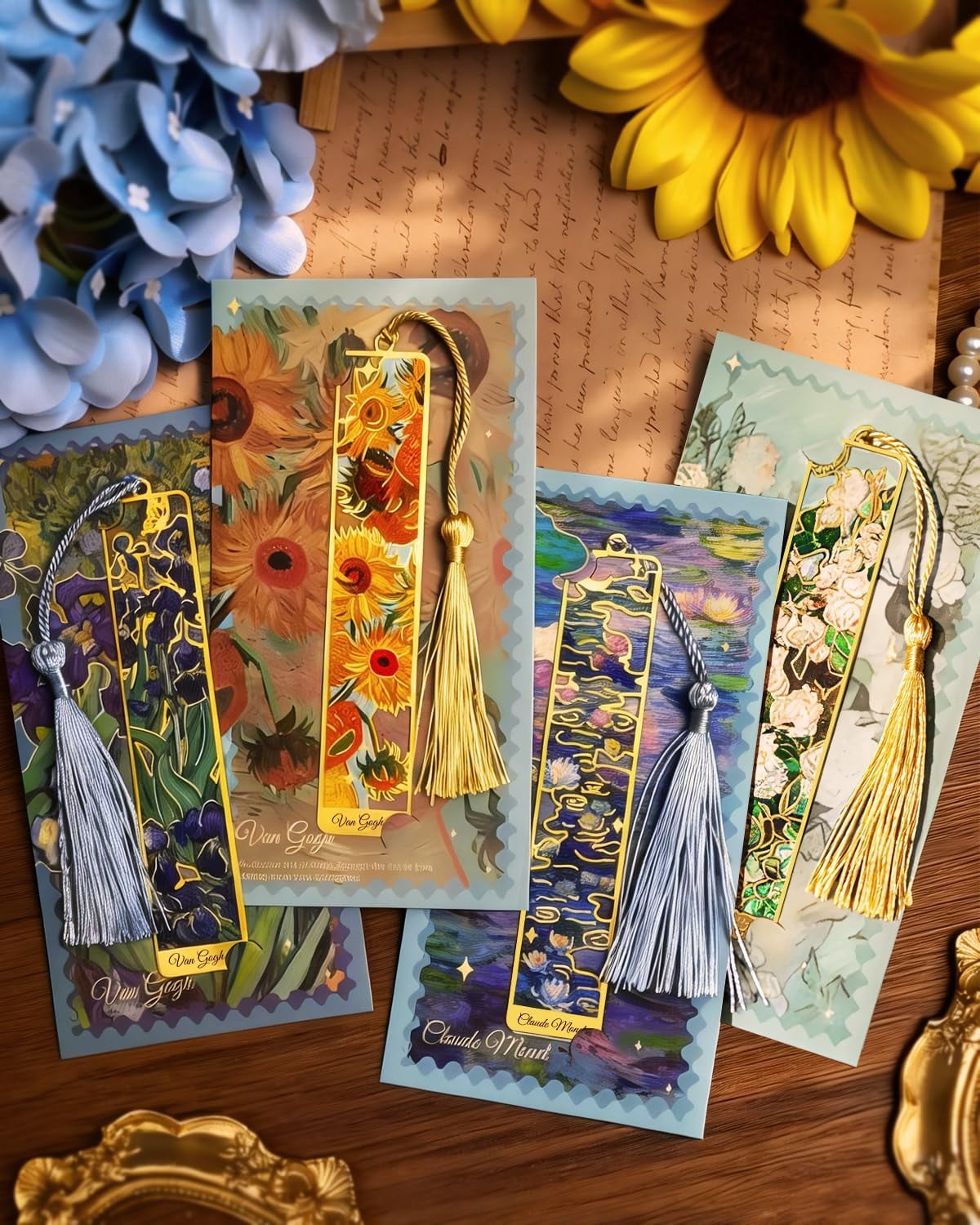 4 Pieces Metal Bookmarks with Tassel, Golden Hollow Bookmark Van Gogh Monet Oil Painting Theme Book Marker for Book Lovers Writers Readers Children Teens Men Women Adults