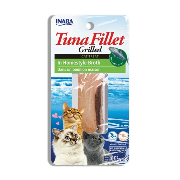 INABA Premium Hand-Cut Grilled Tuna Fillet Cat Treats w Vitamin E, 0.52 oz, Homestyle Broth