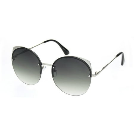Dark Brown Sunglasses - Womens Exposed Edge Round Cat Eye Brown Half Rim Sunglasses Silver Green