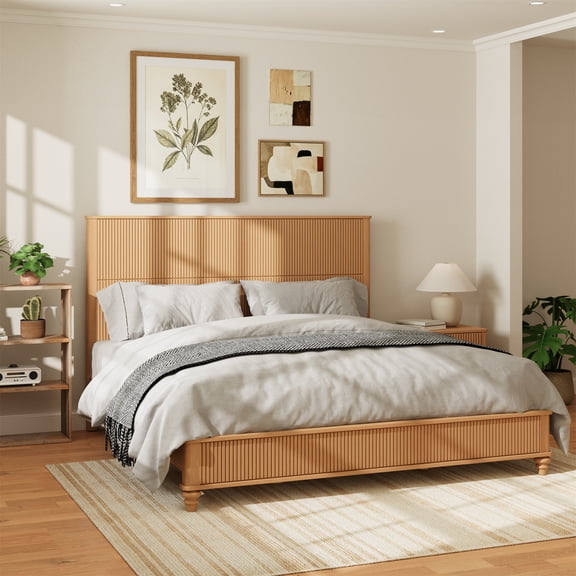 Solid Wood Bed Frame,King Platform Bed Frame with Headboard,Tall Headboard Natural Wood Bed ,No Box Spring Needed,Natural