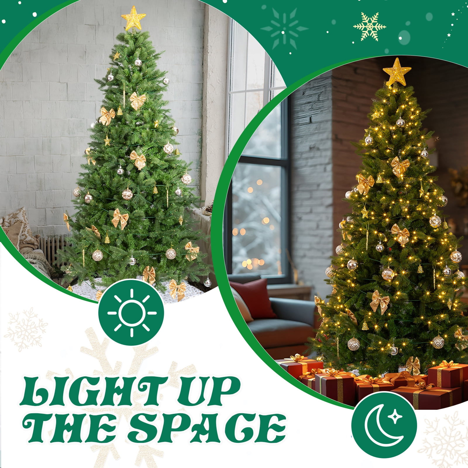 Astoutdoor 7.5 ft Artificial Christmas Tree with 400 Warm White LED Lights, Hinged Pine Tree, Tree Skirt and Ornaments, Green