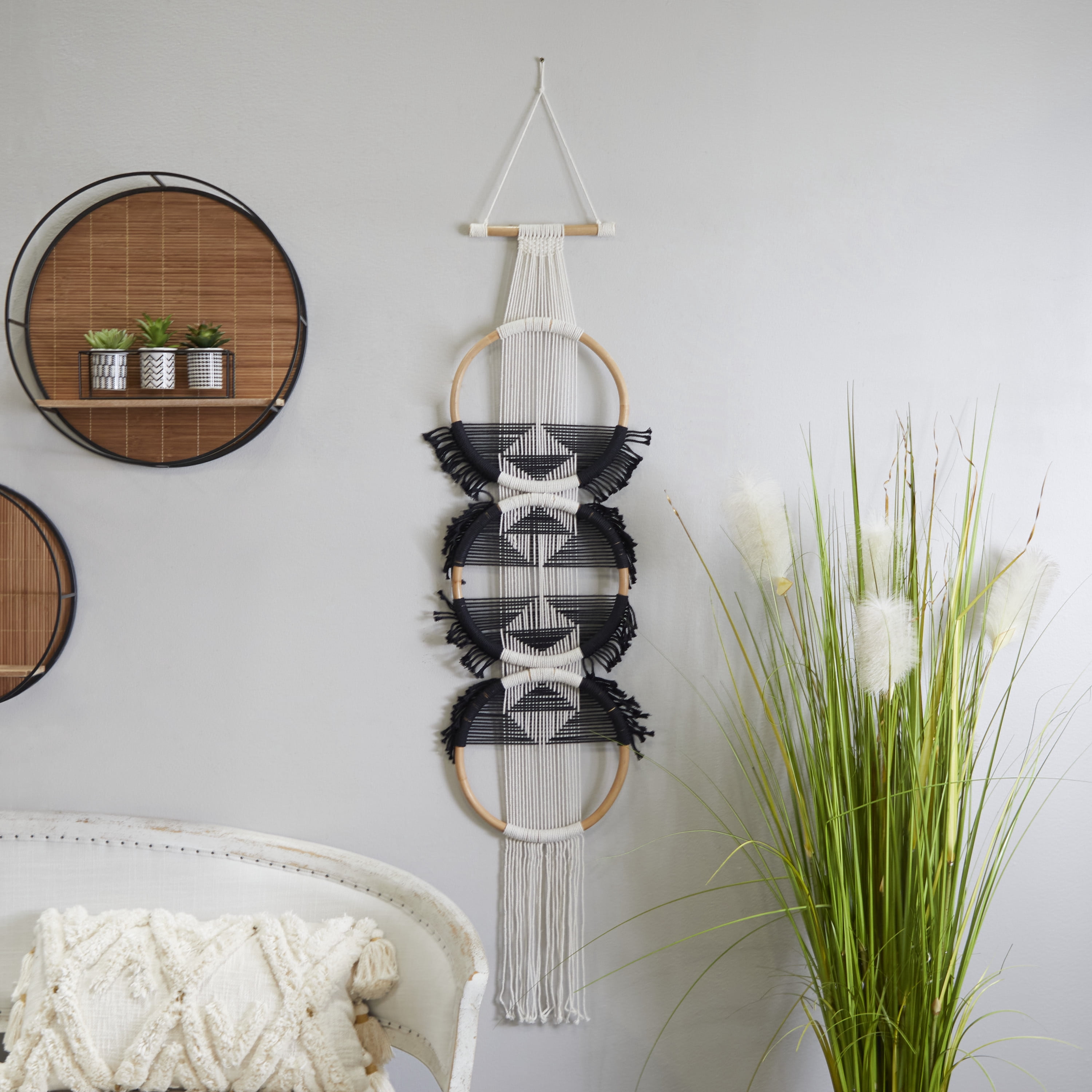 CosmoLiving by Cosmopolitan Black Cotton Fabric Macrame Handmade Intricately Weaved Home Wall Decor with Fringe Tassels, 13" x 1" x 67"