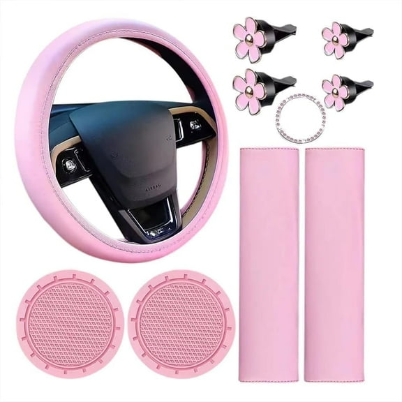 NOGIS 10 Pcs Pink Leather Steering Wheel Cover Set for Women 14.5-15 Inch Car Accessories with Seat Belt Shoulder Pad Seatbelt Cover Cup Holder Start Button Ring Sticker Air Vent Clip