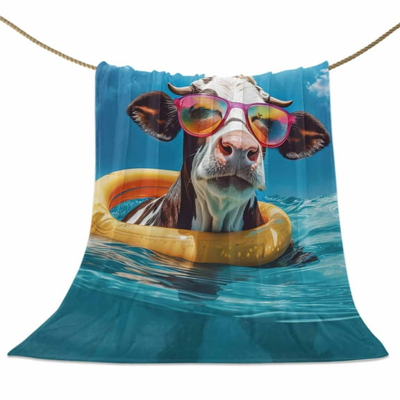 Flannel Fleece Blanket Swim Sunglasses Cow Super Soft Warm Cozy Throw Blanket Summer Waves Bed Couch Car Blankets for All Season 40" x 50"