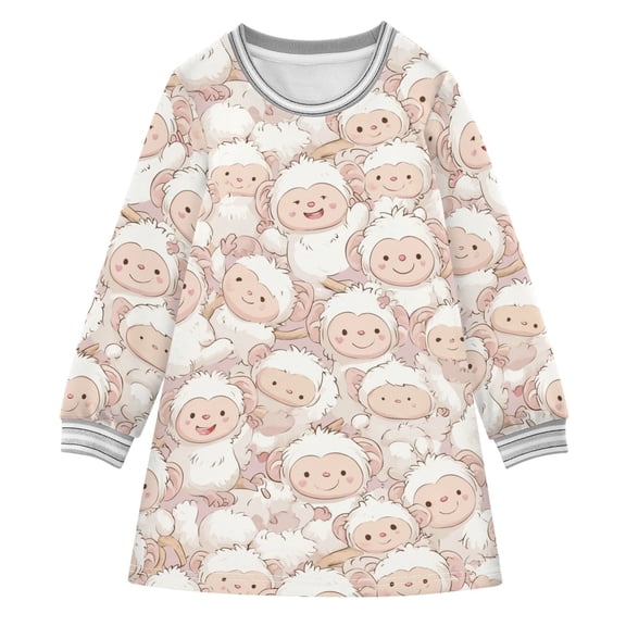 Girls' long-sleeved dress Cute White Monkey Girls' A-line dress with ribbed cuffs Soft and comfortable