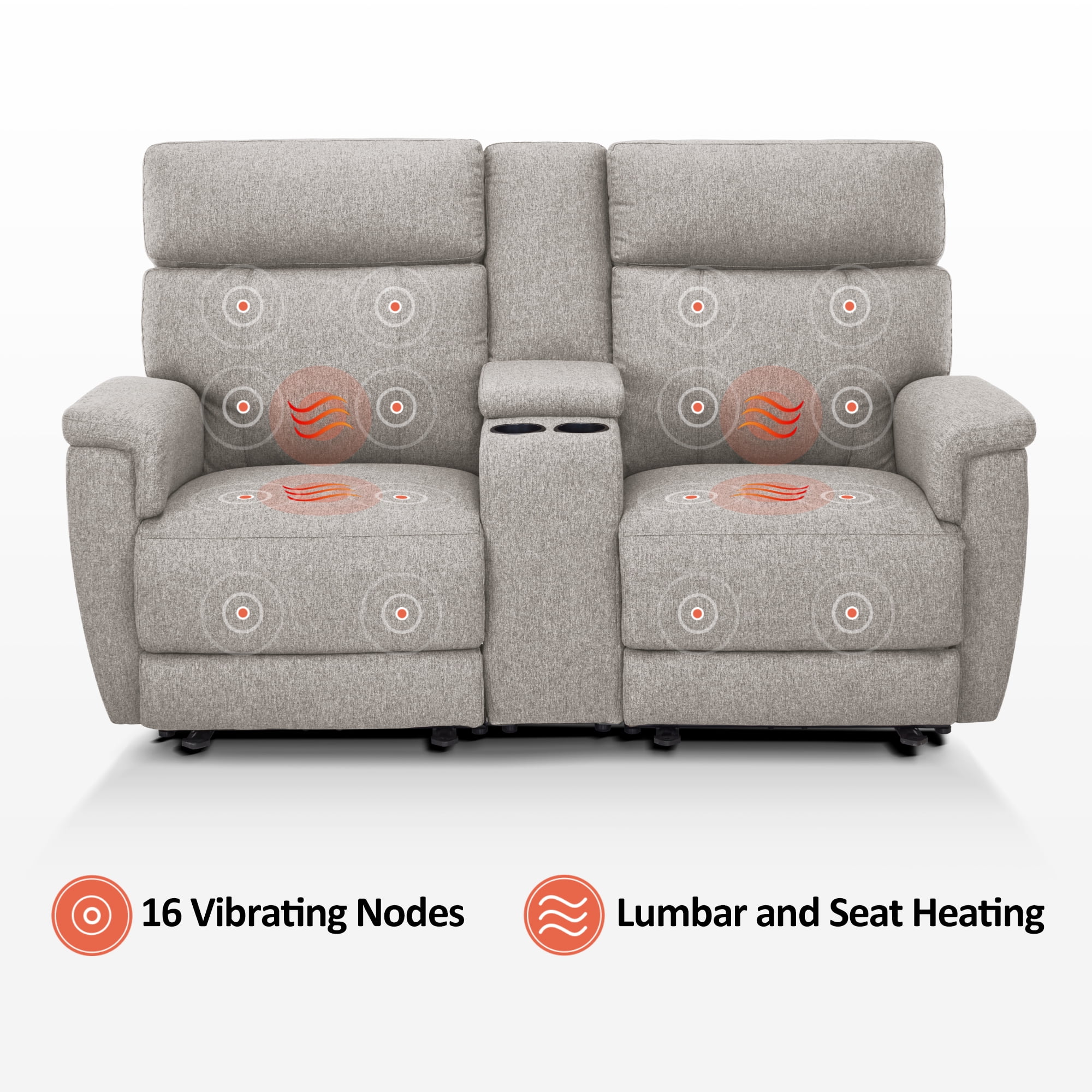 MCombo 70.8" Power Loveseat Recliner Sofa with Console, Massage and Dual Heating, Adjustable Headrest for Living Room, Fabric (Mist Grey)