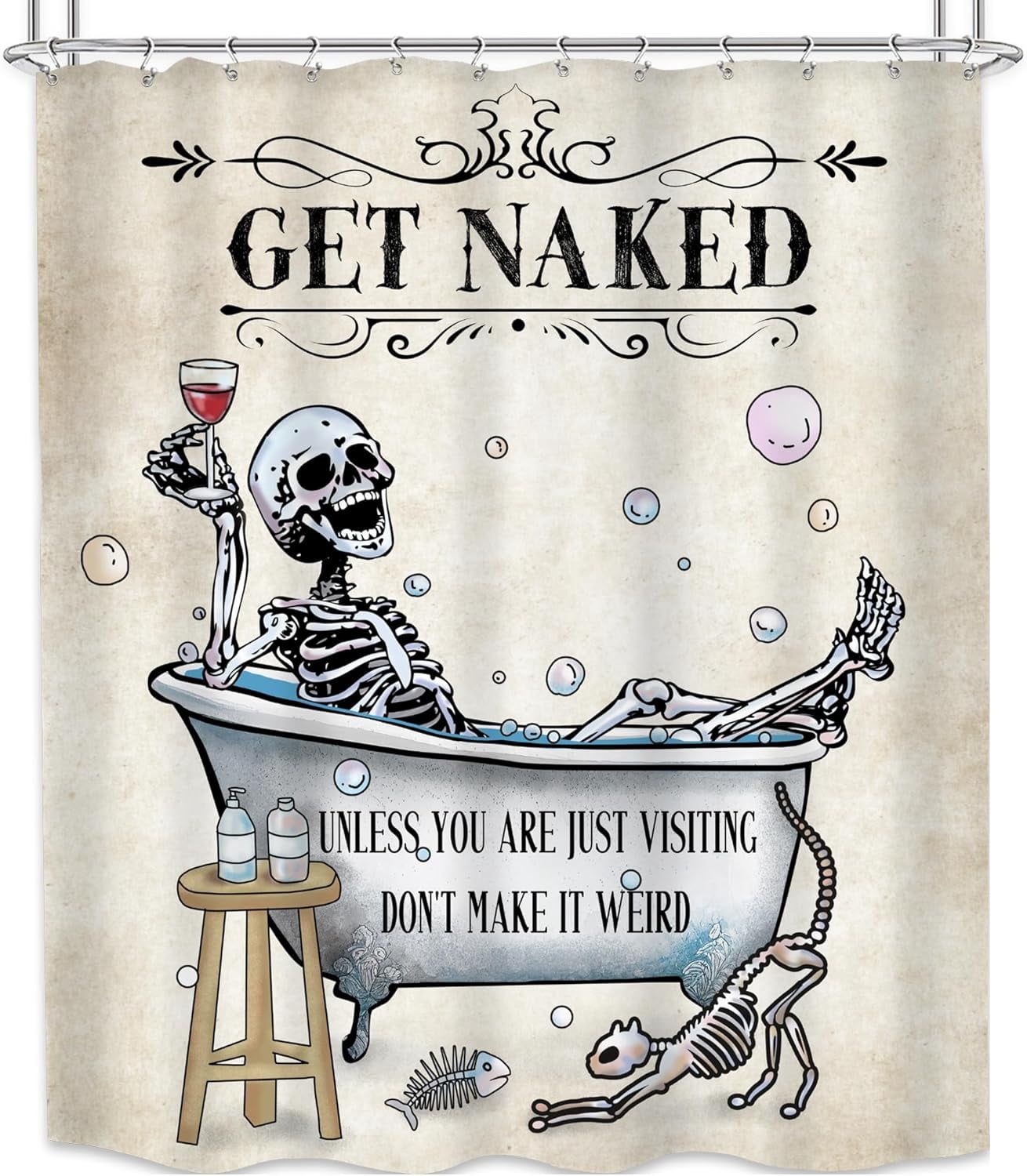 Funny Skull Skeleton Shower Curtain 72"W x 72"LGothic Spooky Bone in Bathtub Halloween Vintage Cat Fish Bubbles Horror Scary Bathroom Decor Unique Cool Bath Curtain Fabric Polyester 12 Pack Hooks
