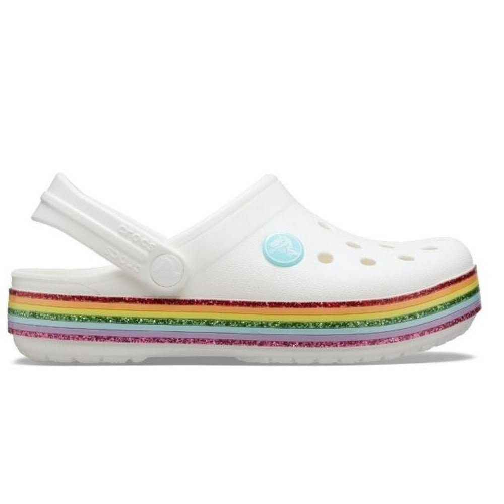 white crocs with crocs on the side in rainbow