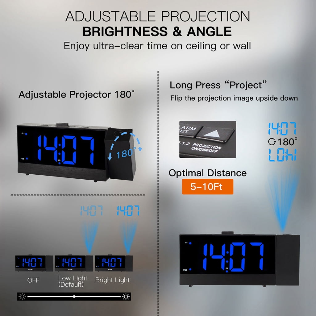 Apooke LED Projection Alarm Clock with Adjustable Brightness and USB Charging Tabletop Clocks Temperature Week Date Display
