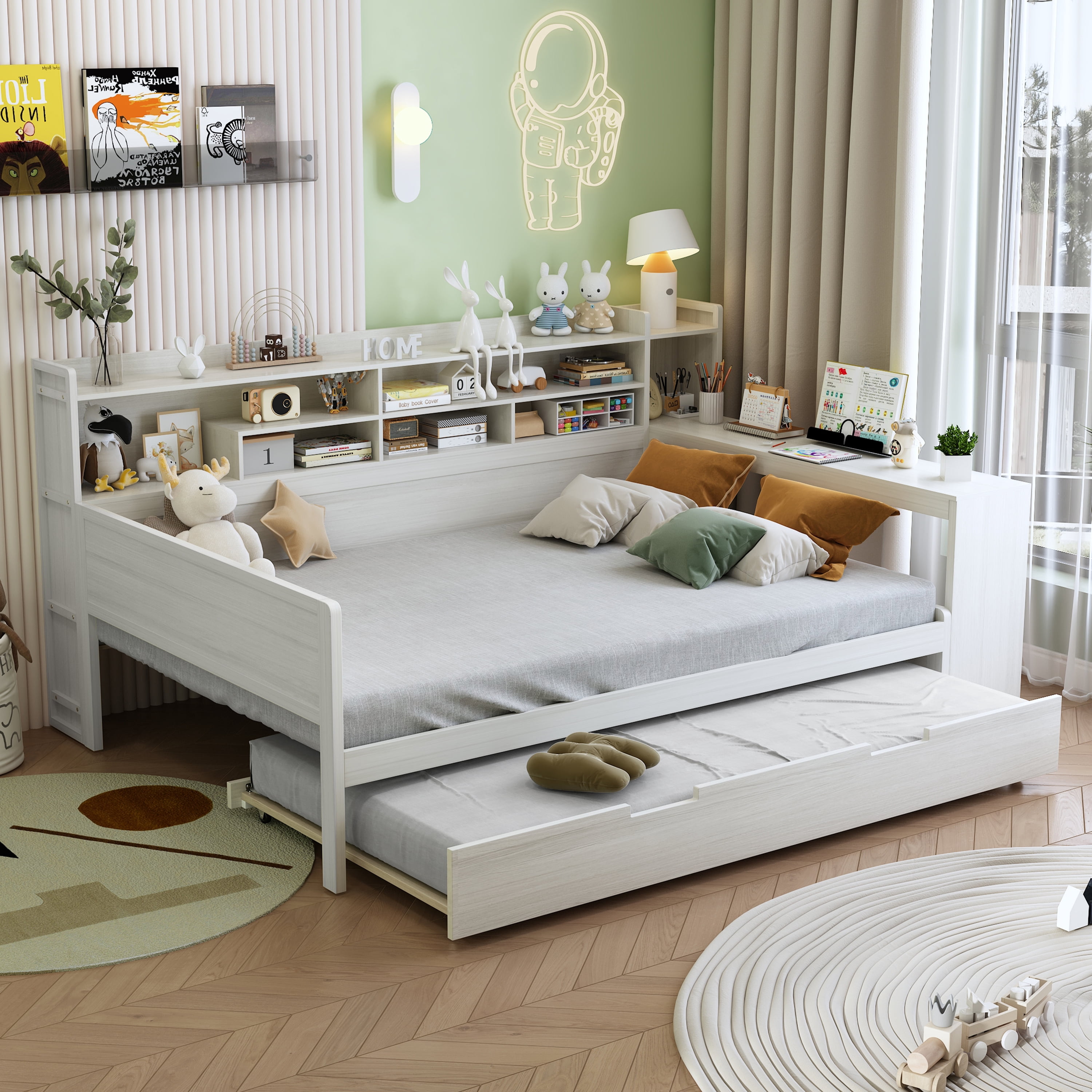 Euroco Wood Full Size Daybed with Trundle, Storage Captain Bed with Desk and Shelves, Twin