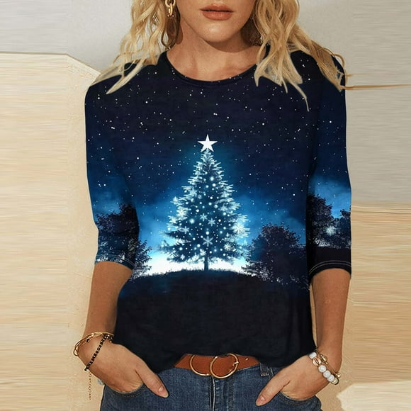 Wiyuqeen Plus Size Christmas Shirts Womens 3/4 Sleeve Sparkle Xmas Tree Print Pullover Tops Fashion Glitter Graphic Tees Holiday Christmas Clothes