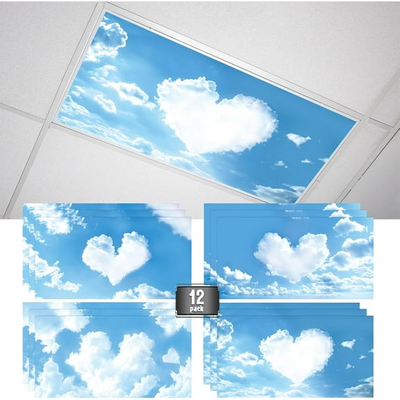 12 piece set of magnetic fluorescent lampshades - blue sky and white cloud scene design, 91-100% light blocking polyester mixed filter, suitable for ceiling lights in schools, classrooms, offices, an