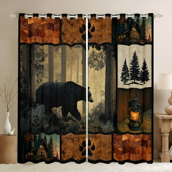 Feelyou 3D Wildlife Bear Black Out Curtains for Men, Vintage Countryside Cabin Curtains Pack of 2 (42x63 Each), Patchwork Plaid Bedroom Curtains, Living Room Curtains Decor