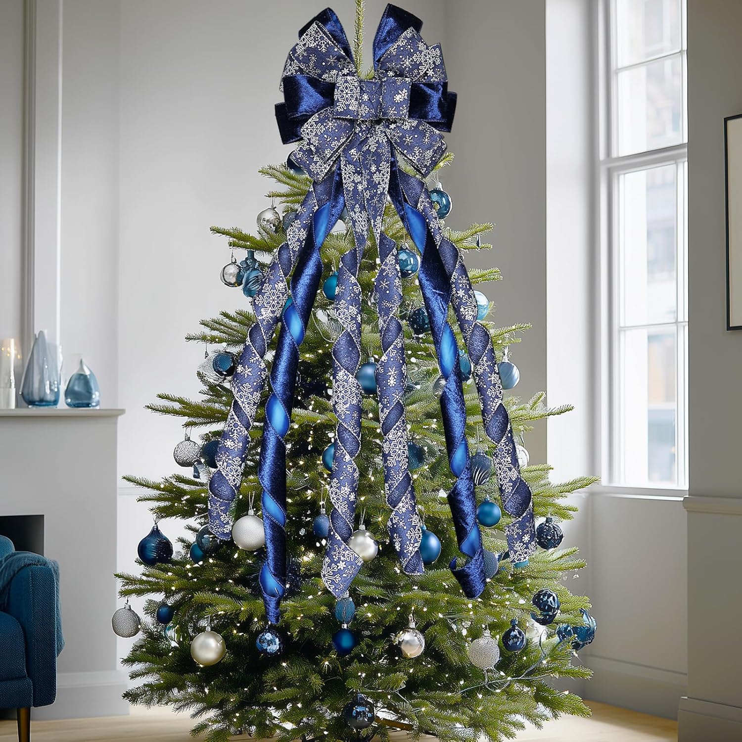 Large Christmas Tree Topper Bow 52x13 Inch, Pre-Tied Wired Ribbon Wreath Bows, Xmas Ornaments with Long Wired Edge Streamer for Holiday Thanksgiving Indoor Outdoor Party Decoration (Navy Blue)