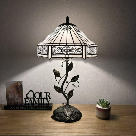 Tiffany Table Lamp White Hexagon Stained Glass Iron Metal Leaves Bronze Base Included LED Bulb for Living Room Dining Room Bedroom Bedside 12"W*12"D*22"H