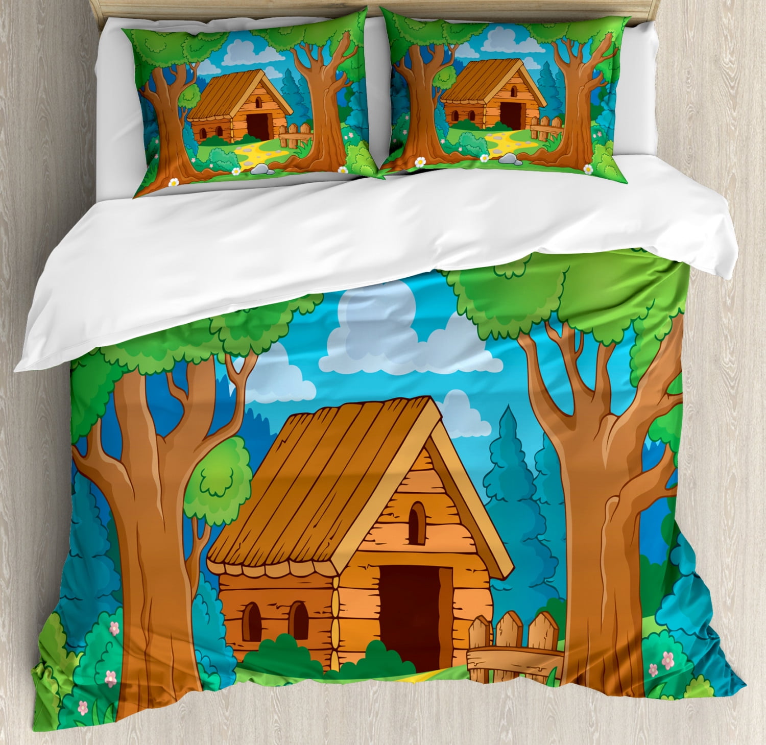 Log Cabin Duvet Cover Set, Countryside Theme Cartoon Image ...