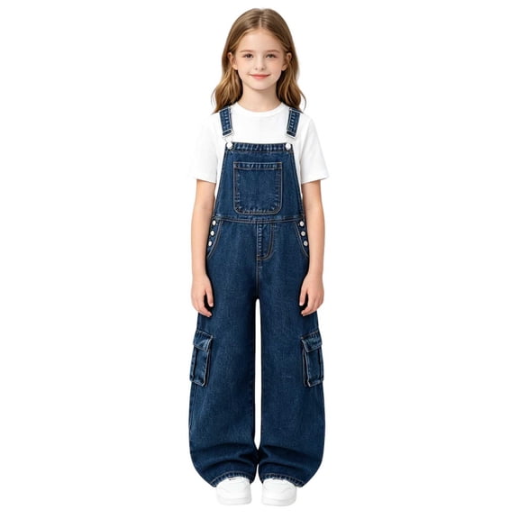 OGLCCG Girls Denim Overalls Kids Sleeveless Wide Leg Jumpsuit Solid Color Teens Bib Overall with Pockets 7-13 Years