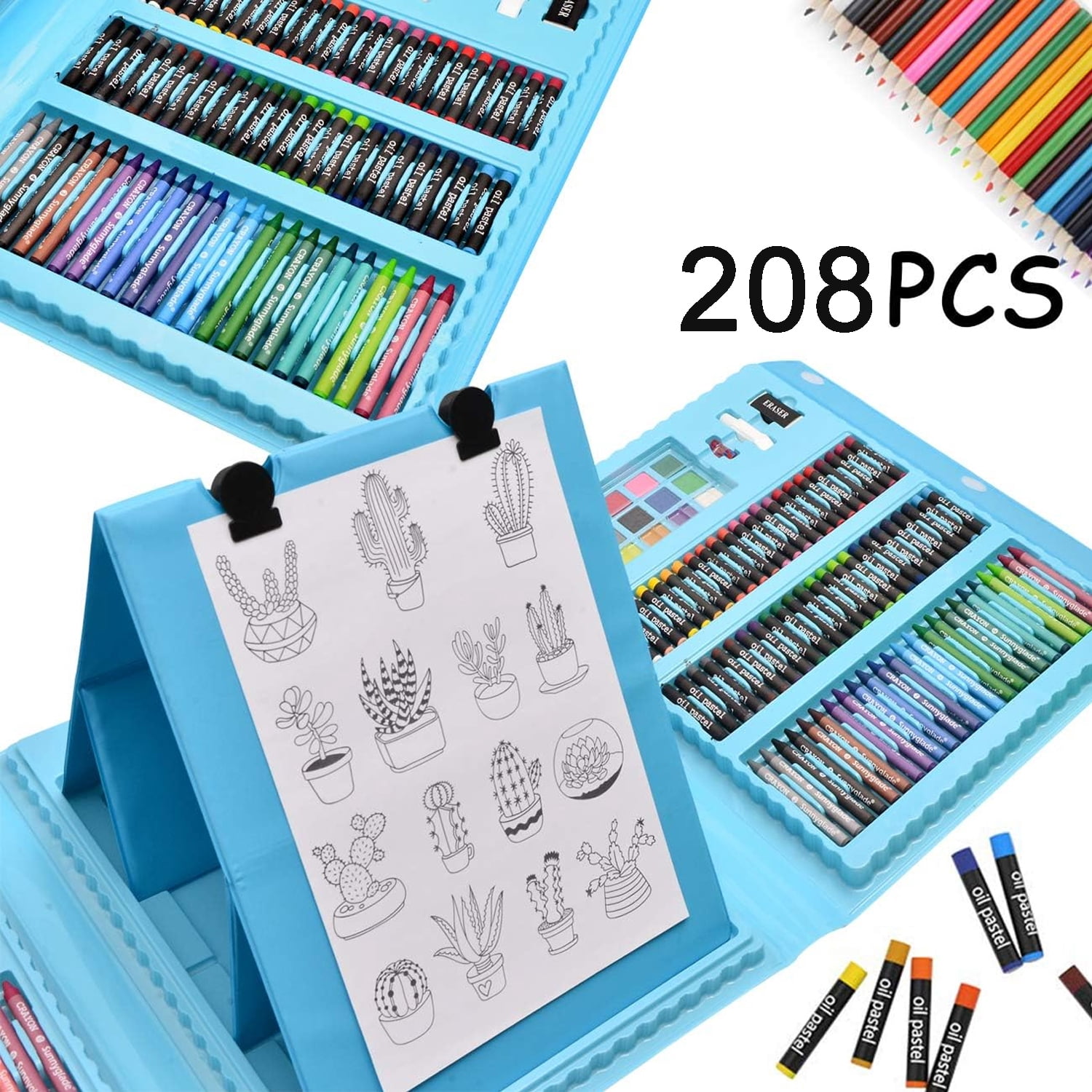 GoXteam 208-Piece Double-Sided Trifold Easel Art Set for Kids, Drawing Art Box with Oil Pastels, Crayons, Colored Pencils, Paint Brush, Watercolor Cakes, Drawing Board (Blue)