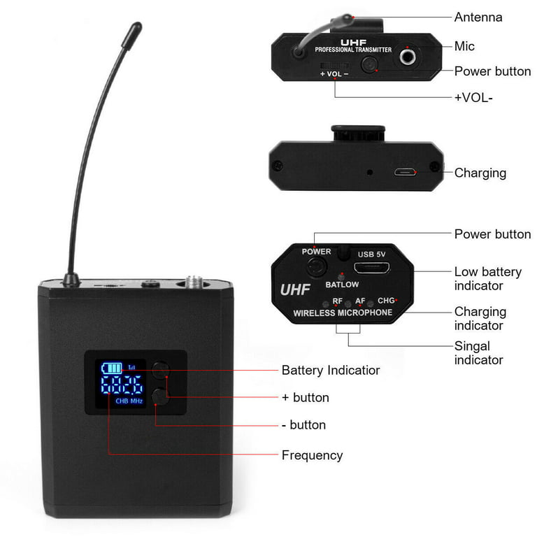UHF Wireless Lavalier Microphone Headset Lapel Mic Bodypack Transmitter  Receiver