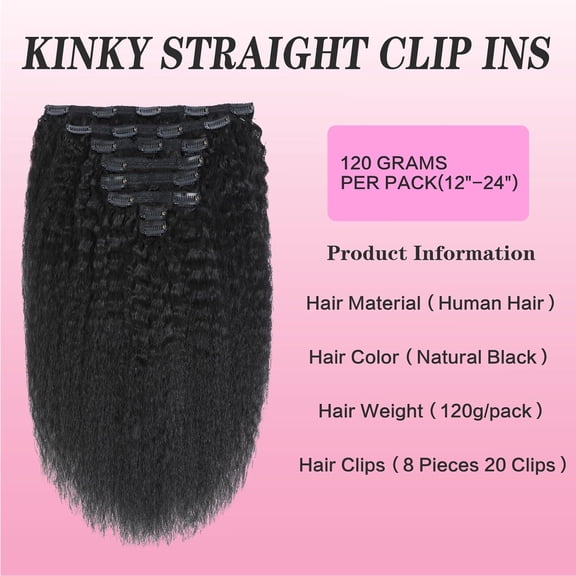 WEIF-Kinky Straight Clip in Hair Extensions for Women Kinky Straight Clip ins 8pcs 120g/set Full Head Brazilian Remy Human Hair Yaki Straight Clip ins Natural Black Color 20 Inch