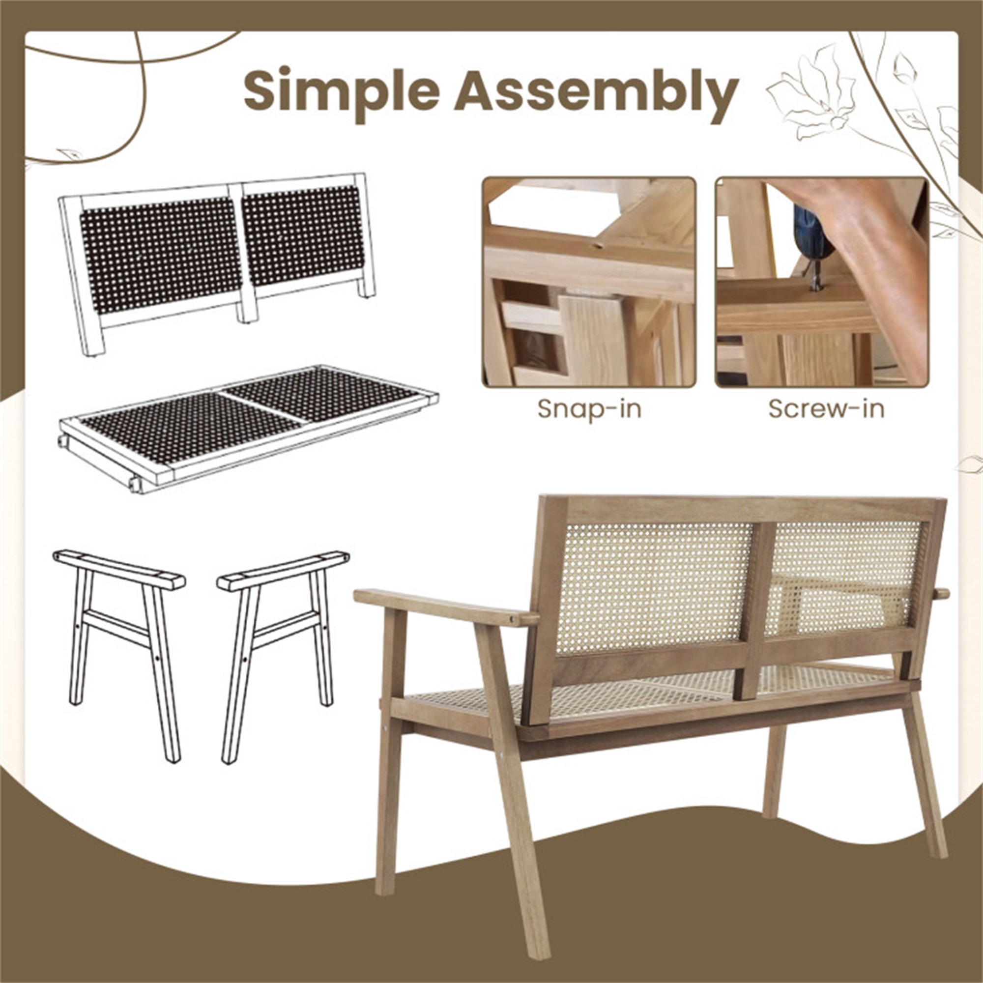 Demi Bonndonesia Teak Wood Garden Bench with Armrests and Natural Rattan Backrest Dining Chair, Brown