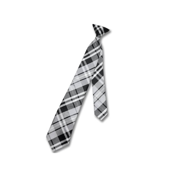 Vesuvio Napoli Boy's CLIP-ON NeckTie BLACK GREY WHITE PLAID Youth Neck Tie