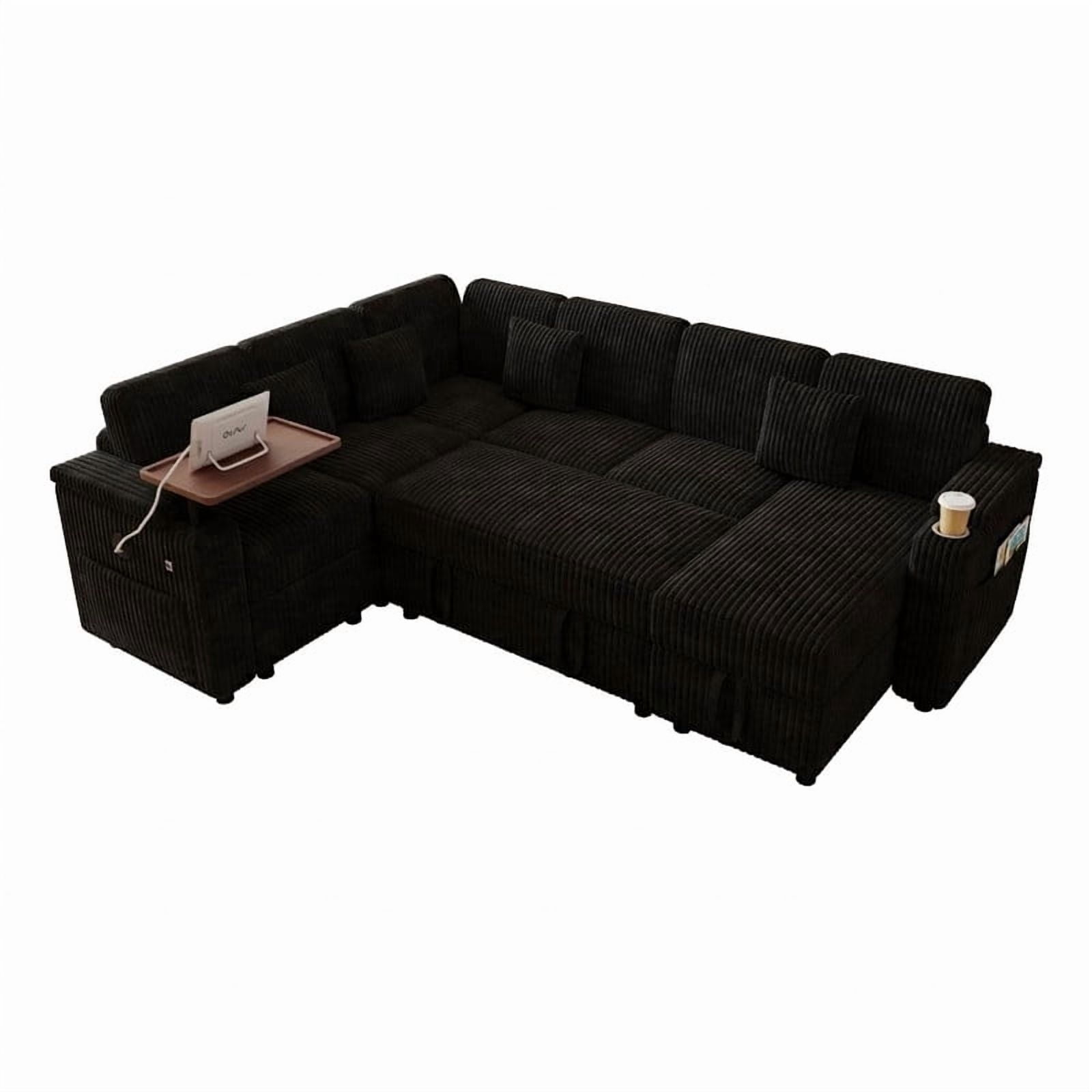 100" U-Shaped Sleeper Sofa with Pull-Out Bed, USB Charging Ports, Cup Holder, Flip-Top Table, Storage Chaise, Corduroy Sectional Couch for Living Room, Apartment & Guest Room