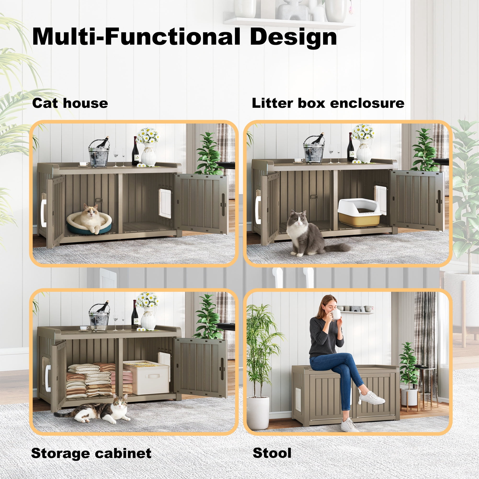EasyUp Cat Litter Box, Resin Weatherproof Enclosed Litter Box with Dual-Door Design, Hidden Furniture for Indoor Home Use (Gray)