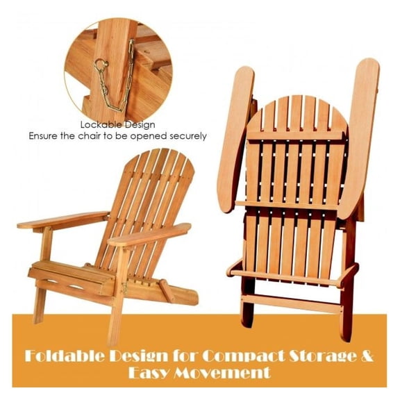 Adirondack Chair Set of 3 with Table, Eucalyptus Outdoor Patio Furniture, Widened Armrest, Foldable Design, Ergonomic, Natural Finish, for Porch, Deck, Poolside
