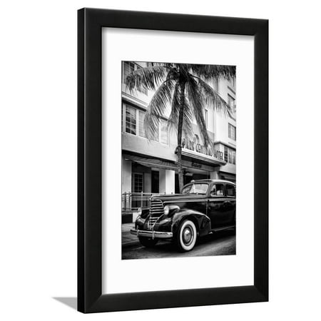 Classic Antique Car of Art Deco District - Park Central Hotel on Ocean Drive - Miami Beach Black and White Photography Framed Print Wall Art By Philippe