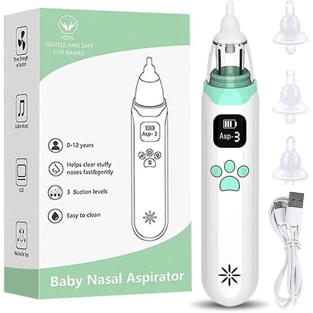 aspirador nasal para bebé aspirador nasal eléctrico aspirador para bebé, limpiador nasal recargable por usb con 3 niveles de succión, 3 puntas de silicona y música y — Vista frontal del aspirador nasal eléctrico blanco con acento verde menta, pantalla LED que muestra 'Asp-3', botones de control en forma de huella, boquilla de silicona transparente montada, cable USB de carga y tres puntas de silicona alineadas; caja del producto con ilustración a la izquierda. Diseñado para bebés 0–6 años, succión ajustable en tres niveles y piezas desmontables para enjuague.