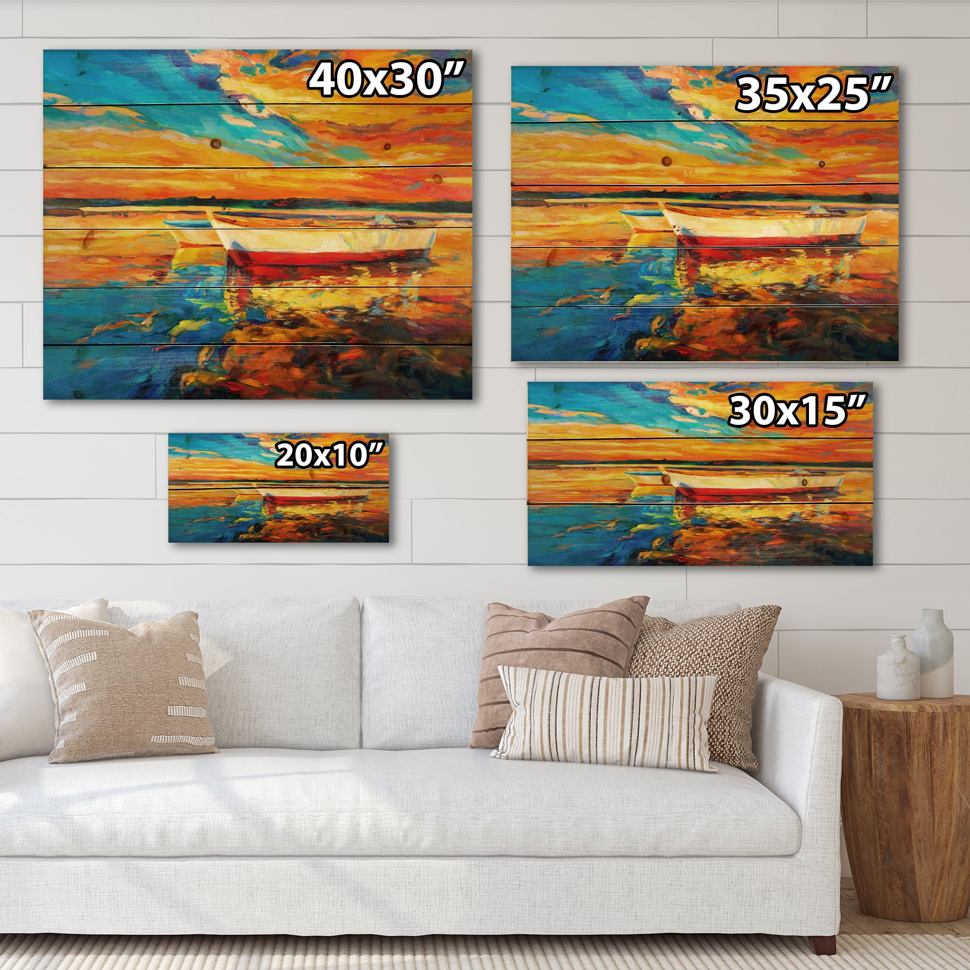Designart 'Red and White Boats By The Pier At A VIbrant Sunset' Nautical & Coastal Print on Natural Pine Wood