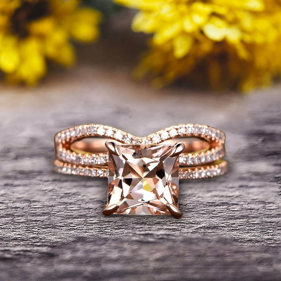 1.75 Carat VS Natural Morganite Wedding Ring Set Princess Cut 10k Rose Gold Engagement Ring Bridal Ring Loop Infinity Stacking Matching Band Staggering Shining Vintage Look