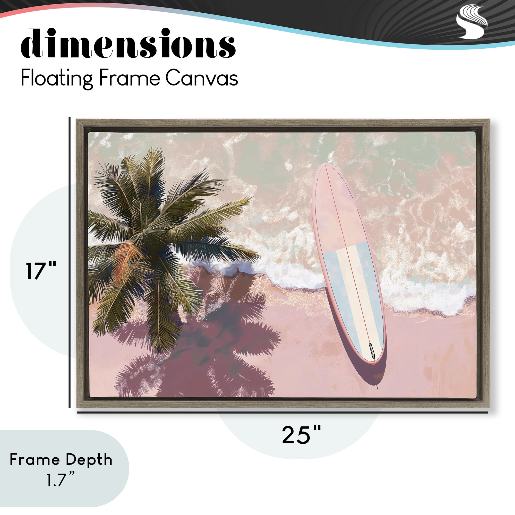 Stupell Industries Blush Pink Surfboard & Palm Brown Framed Floater Canvas Wall Art, design by Jacky Ngan
