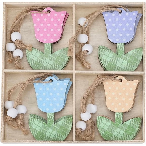 12Pcs Tulip Hanging Ornaments Wooden Flower Hanging with String Colorful Spring Summer Floral Dangle Small Craft Ornament