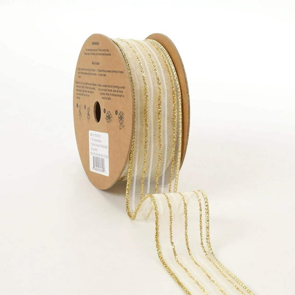 LaRibbons 1 1/2" Wired Ribbon | "Glitter Striped" White/Gold | 10 Yard Roll