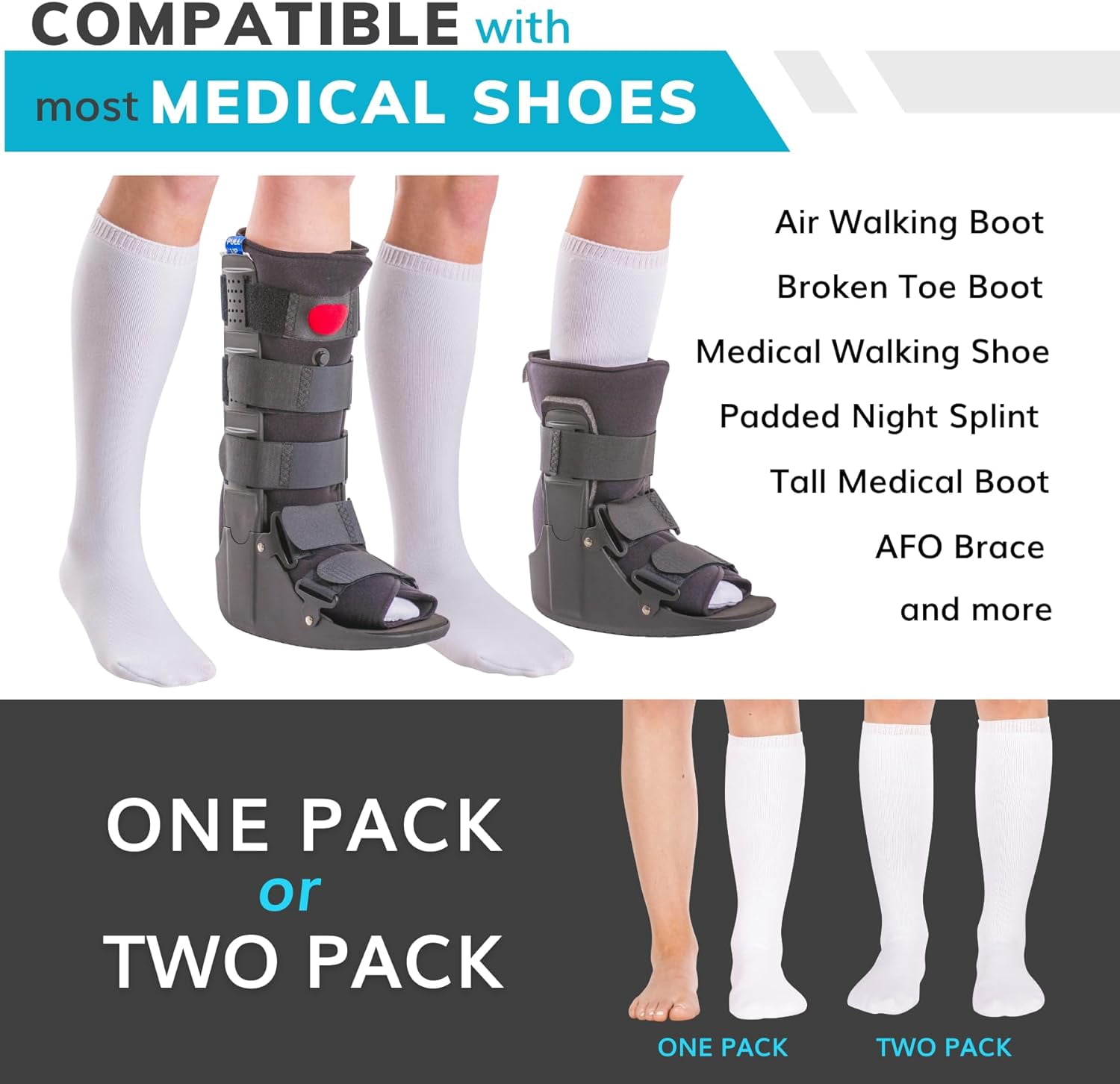 Lot De 2 Paires Chaussettes Orthopédiques Pour Bottes Air Cam & Fracture - Tubulaires Gris, Anti-Irritation