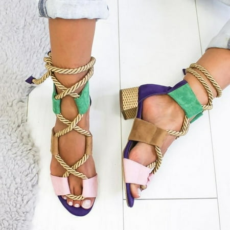 

Women s Low Heel Fish Mouth Ankle Strap Color Matching Hemp Rope Straps Sandals Shoes
