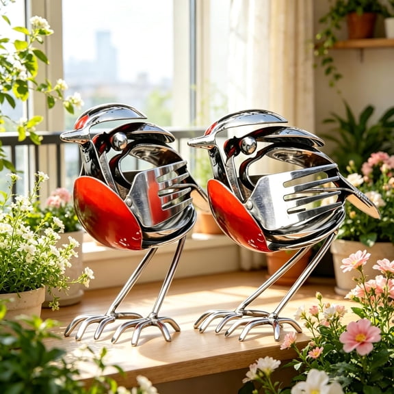 2Pcs Handmade Metal Robin Bird Garden Sculptures, Decorative Steel Animal Statues for Patio & Desk, Unique Recycled Art Gift for Bird Lovers (k)
