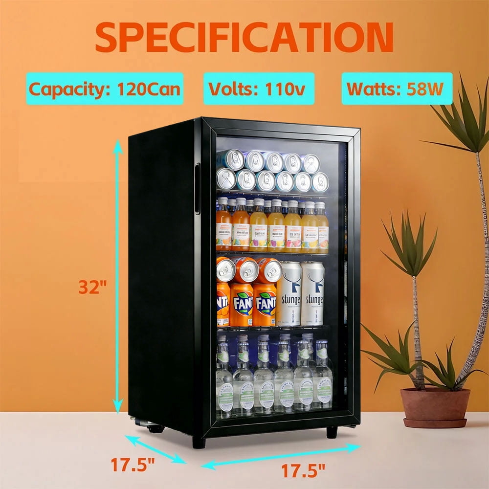 JIEJIA Beverage Refrigerators 120-Can Small Mini Fridge Glass Door, Removable Shelves for Soda Beer or Wine, 3.5 Cu.ft