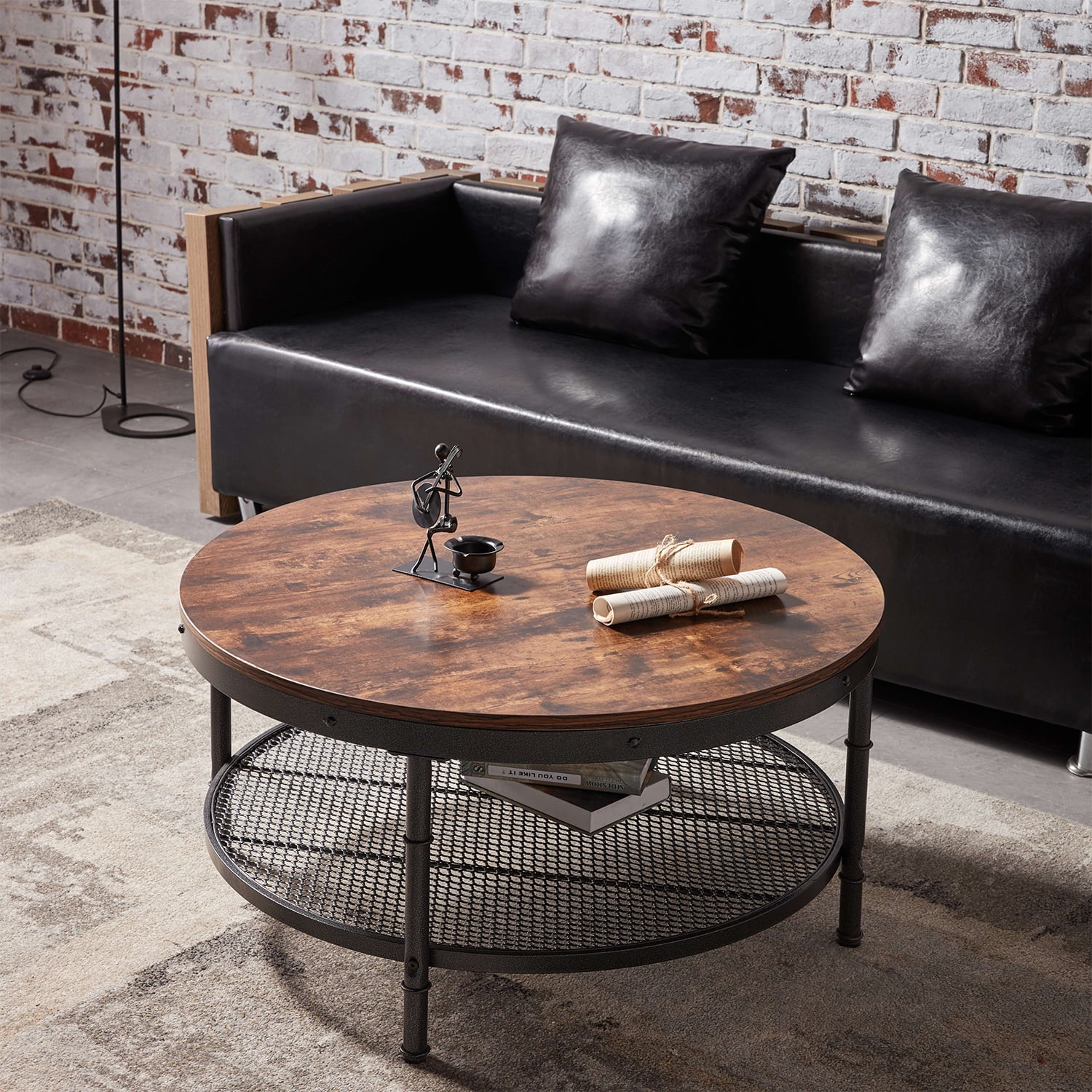 Kadyn 2-Tier Round Coffee Table, Particle Board Coffee Table with 3D Texture Metal Frame and Mesh, Modern Round Coffee Table for Living Room, Rustic Brown Kadyn 2-Tier Round Coffee Table, Particle Board Coffee Table with 3D Texture Metal Frame and Mesh, Modern Round Coffee Table for Living Room, Rustic Brown