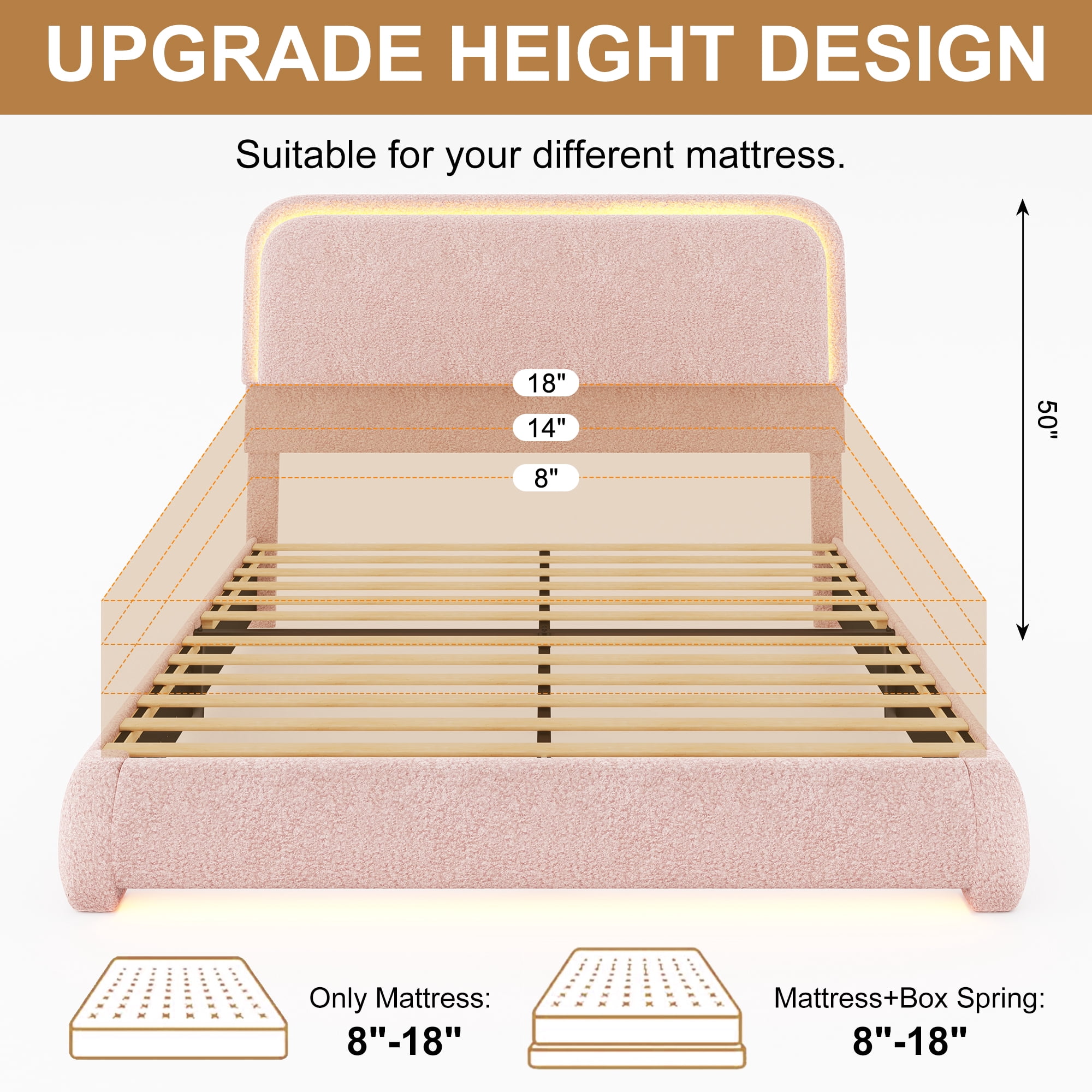 SIBEDS Queen LED Bed Frame, Teddy Fleece Upholstered Platform Bedframe, No Box Spring Needed, Pink