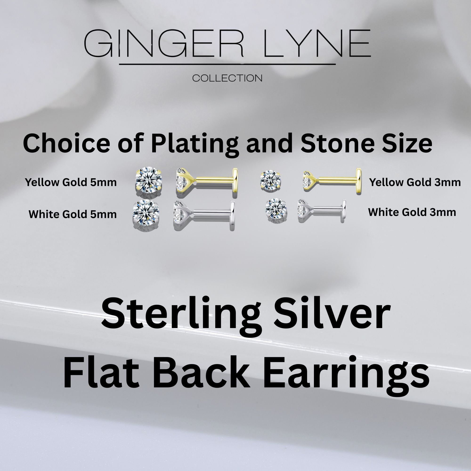 Solitaire Flat Back Stud Earrings by Ginger Lyne Sterling Silver 5A CZ 3mm or 5mm Stone