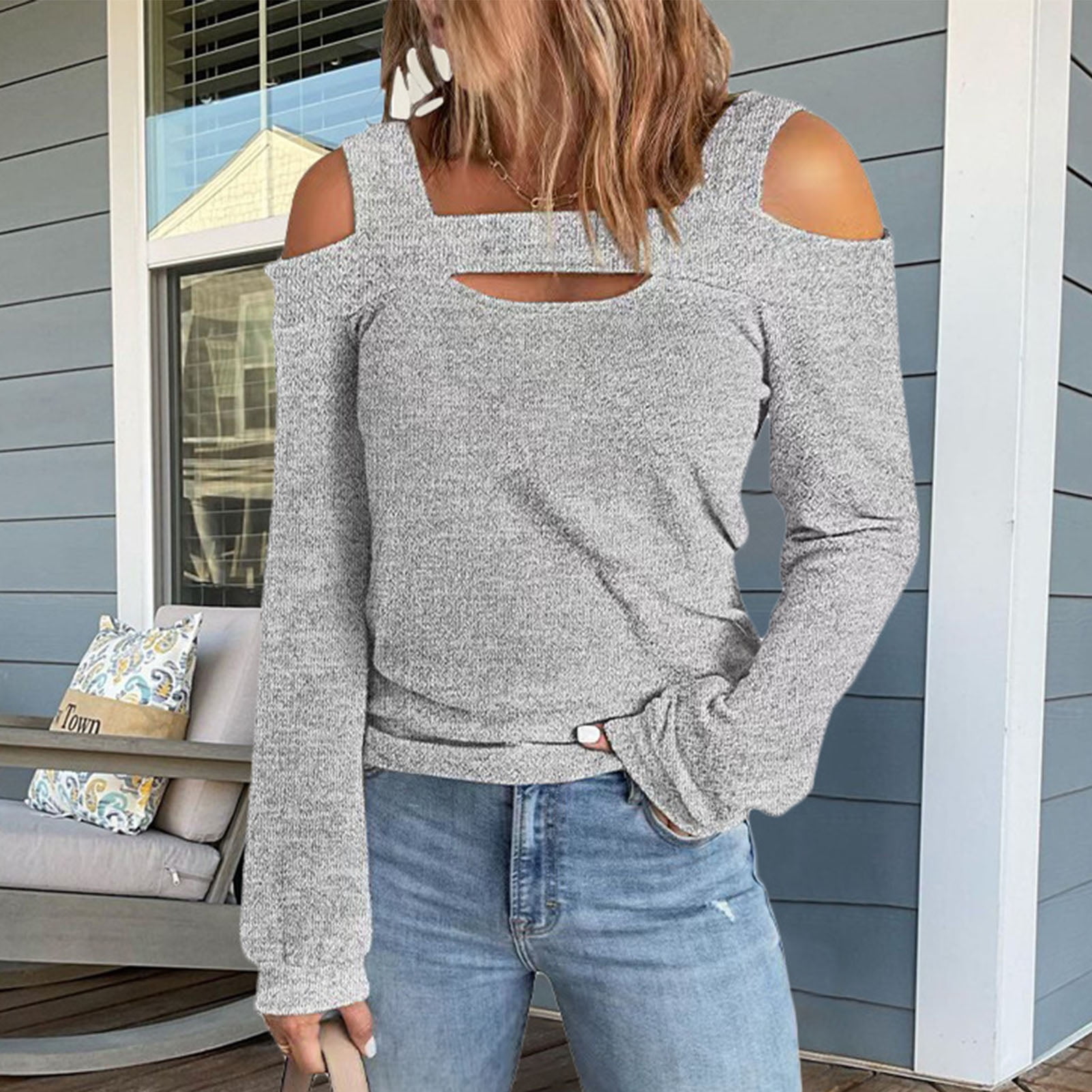 Women Cold Shoulder Top Cut Out Design Solid Color Fashionable Long Sleeve Blouse for Home Shopping Walmart