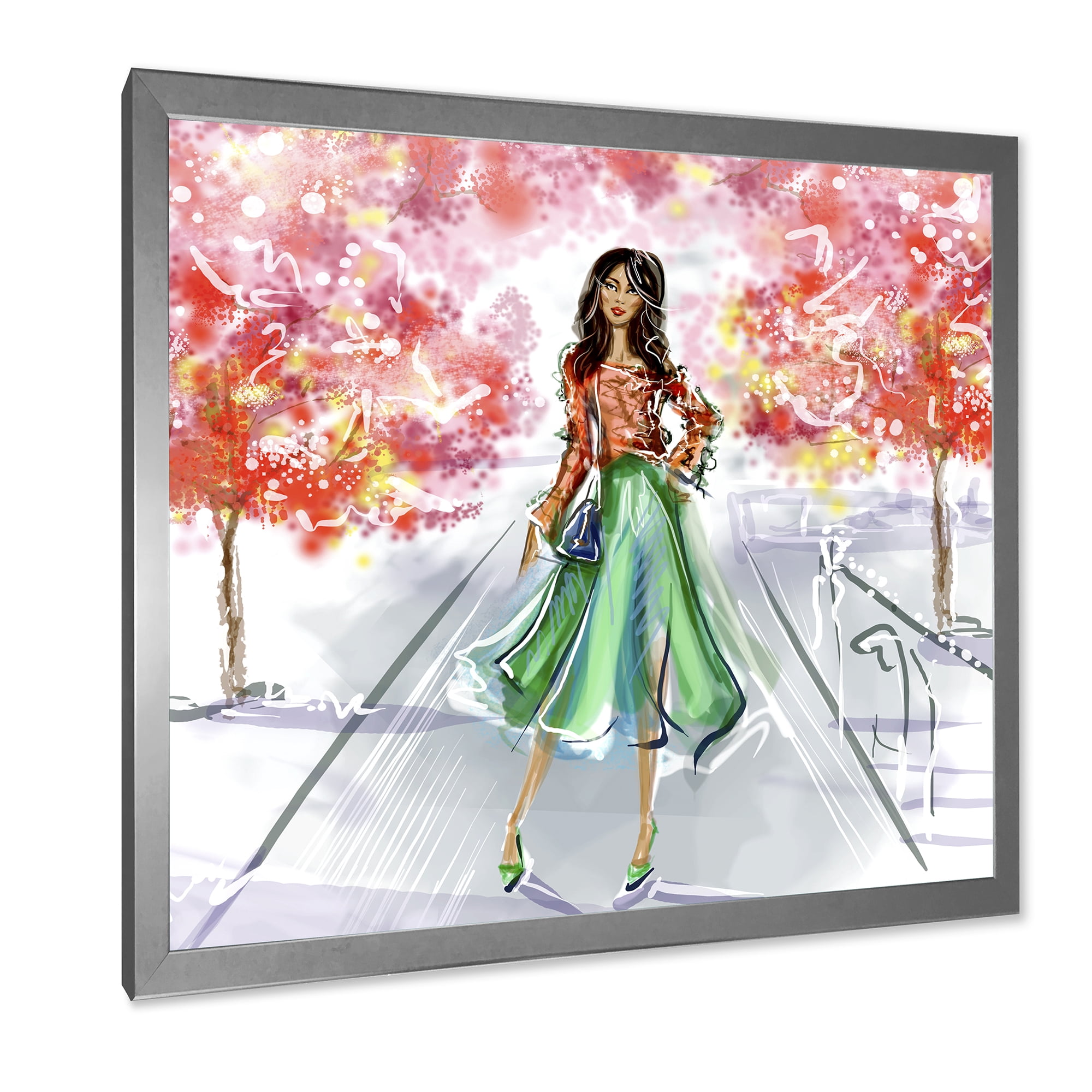 Beautiful Woman Wearing Fashionable Clothes In Park 30 in x 30 in Framed Painting Canvas Art Print, by Designart